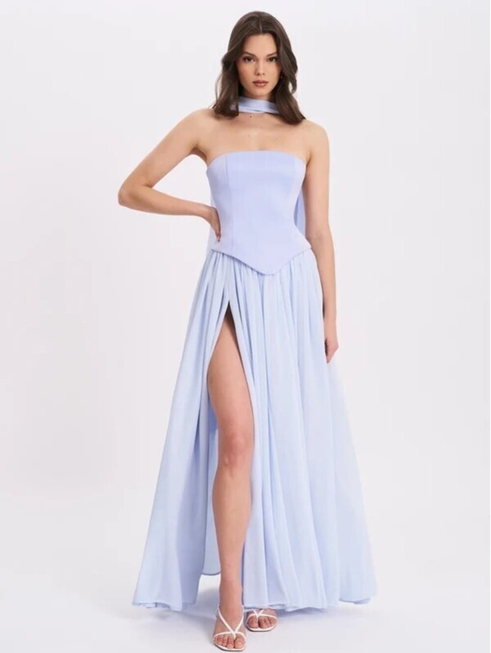 Miss Circle Qianna Baby Blue Peplum Drop Waist Chiffon Gown Dress XS